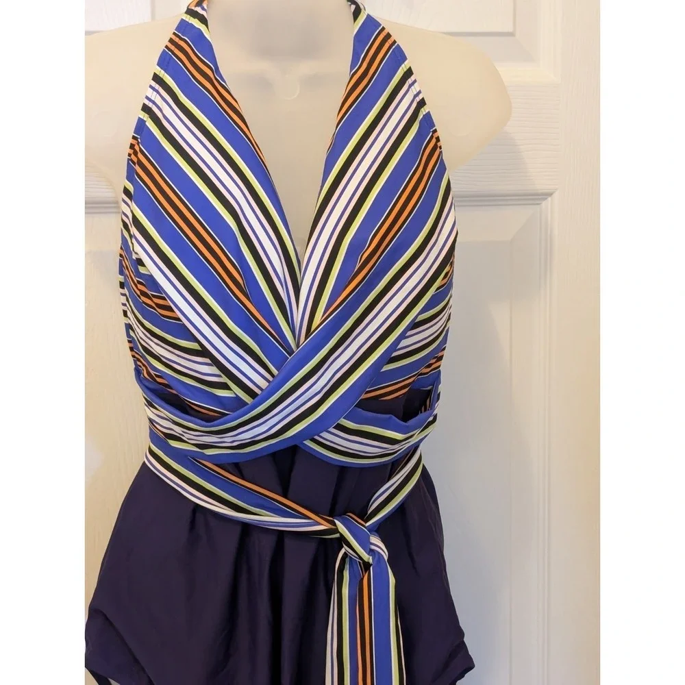 NWT Meet.Curve One Piece Swimsuit 3X Plus Size Striped Halter Wrap Swimwear New